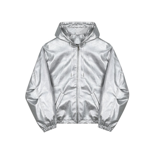 Autumn Winter Oversized Cool Waterproof Silver Pu Leather Jacket Men with Hood Zipper Luxury Y2K Streetwear