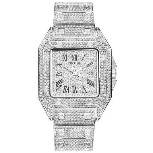 Hip Hop Iced Out Men Watch Square Diamond Quartz Luxury Mens Wrist Watches Gold Roman Calendar Steel Clock Relogio Masculino